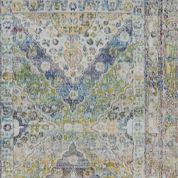 8' Ivory Blue and Green Floral Distressed Non Skid Runner Rug
