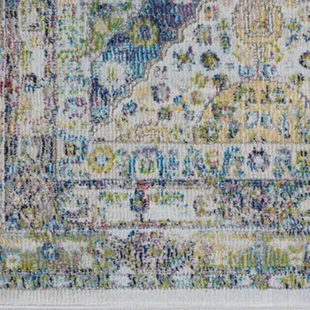 8' Ivory Blue and Green Floral Distressed Non Skid Runner Rug