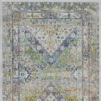 8' Ivory Blue and Green Floral Distressed Non Skid Runner Rug