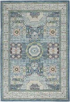5' X 8' Ivory Blue and Green Oriental Distressed Non Skid Area Rug