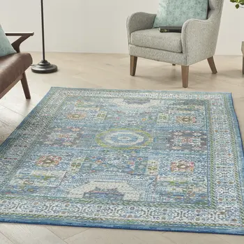 5' X 8' Ivory Blue and Green Oriental Distressed Non Skid Area Rug