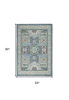 5' X 8' Ivory Blue and Green Oriental Distressed Non Skid Area Rug