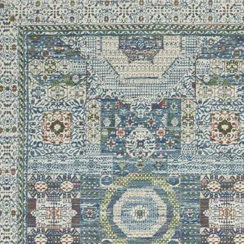 5' X 8' Ivory Blue and Green Oriental Distressed Non Skid Area Rug