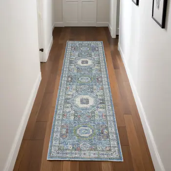 8' Ivory Blue and Green Oriental Distressed Non Skid Runner Rug