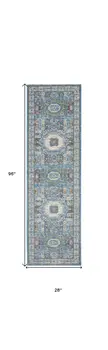 8' Ivory Blue and Green Oriental Distressed Non Skid Runner Rug
