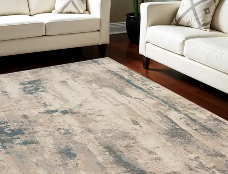 8' X 11' Ivory and Teal Blue Abstract Non Skid Area Rug