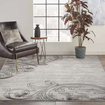 8' X 11' Graphite and Black Floral Vines Non Skid Area Rug