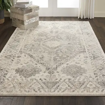 5' X 7' Cream and Gray Floral Distressed Area Rug