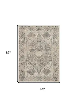 5' X 7' Cream and Gray Floral Distressed Area Rug
