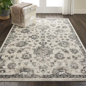 5' X 7' Cream and Gray Floral Distressed Area Rug
