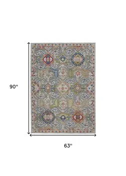 5' X 8' Blue Gray and Green Floral Distressed Non Skid Area Rug