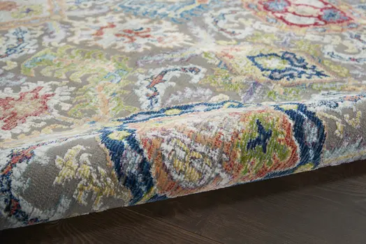 5' X 8' Blue Gray and Green Floral Distressed Non Skid Area Rug