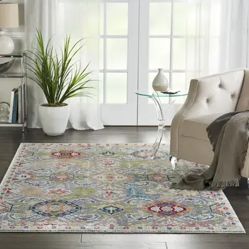 5' X 8' Blue Gray and Green Floral Distressed Non Skid Area Rug