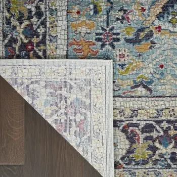 5' X 8' Teal Blue Orange and Black Floral Distressed Non Skid Area Rug