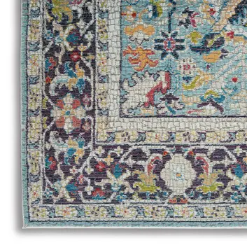 5' X 8' Teal Blue Orange and Black Floral Distressed Non Skid Area Rug