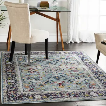 5' X 8' Teal Blue Orange and Black Floral Distressed Non Skid Area Rug