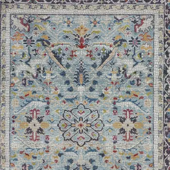 5' X 8' Teal Blue Orange and Black Floral Distressed Non Skid Area Rug
