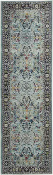 8' Teal Blue Orange and Black Floral Distressed Non Skid Runner Rug