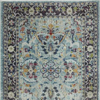 8' Teal Blue Orange and Black Floral Distressed Non Skid Runner Rug