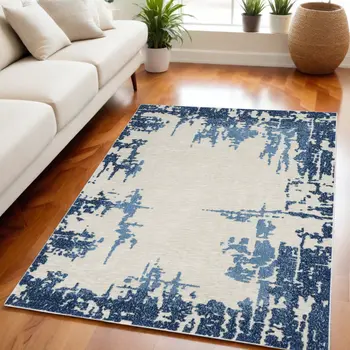 5' X 7' Blue and Ivory Abstract Distressed Non Skid Area Rug