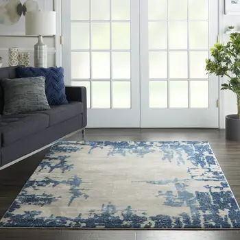 5' X 7' Blue and Ivory Abstract Distressed Non Skid Area Rug