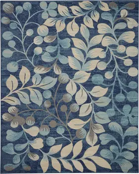 8' X 10' Navy Blue and Beige Botanical Leaves Area Rug