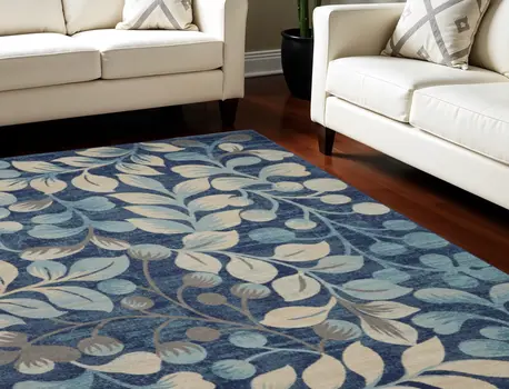 8' X 10' Navy Blue and Beige Botanical Leaves Area Rug