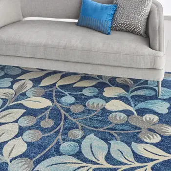 8' X 10' Navy Blue and Beige Botanical Leaves Area Rug