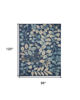 8' X 10' Navy Blue and Beige Botanical Leaves Area Rug