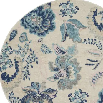8' X 10' Navy Blue Light Blue and Gray Botanical Leaves Area Rug