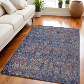 5' X 8' Navy Blue and Orange Ogee Distressed Non Skid Area Rug