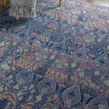 5' X 8' Navy Blue and Orange Ogee Distressed Non Skid Area Rug