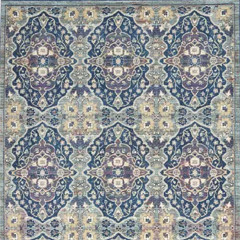 5' X 8' Ivory Navy Blue and Yellow Floral Distressed Non Skid Area Rug