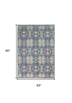 5' X 8' Ivory Navy Blue and Yellow Floral Distressed Non Skid Area Rug