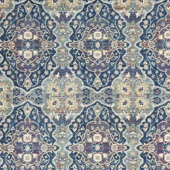 5' X 8' Ivory Navy Blue and Yellow Floral Distressed Non Skid Area Rug