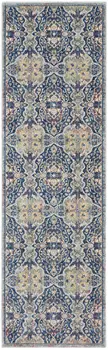 8' Ivory Navy Blue and Yellow Floral Distressed Non Skid Runner Rug