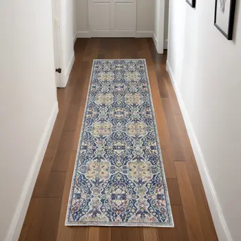 8' Ivory Navy Blue and Yellow Floral Distressed Non Skid Runner Rug
