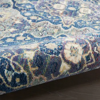 8' Ivory Navy Blue and Yellow Floral Distressed Non Skid Runner Rug