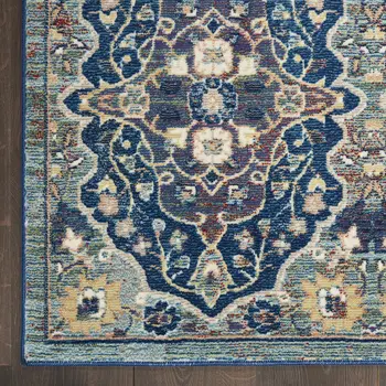 8' Ivory Navy Blue and Yellow Floral Distressed Non Skid Runner Rug