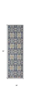 8' Ivory Navy Blue and Yellow Floral Distressed Non Skid Runner Rug