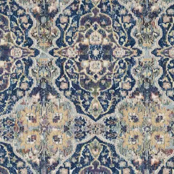8' Ivory Navy Blue and Yellow Floral Distressed Non Skid Runner Rug