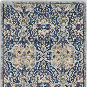 8' Ivory Navy Blue and Yellow Floral Distressed Non Skid Runner Rug