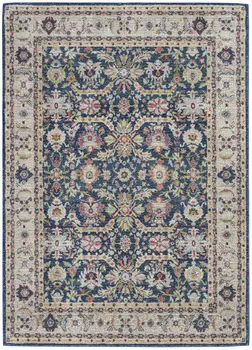 5' X 8' Navy Blue and Yellow Floral Distressed Non Skid Area Rug