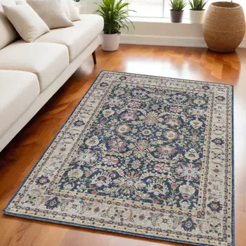 5' X 8' Navy Blue and Yellow Floral Distressed Non Skid Area Rug