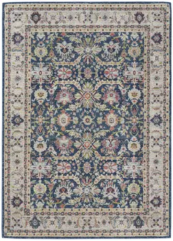 5' X 8' Navy Blue and Yellow Floral Distressed Non Skid Area Rug