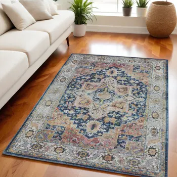 5' X 8' Ivory Blue and Orange Floral Medallion Distressed Non Skid Area Rug