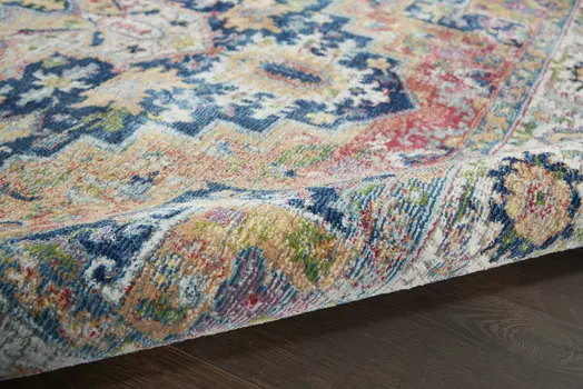 5' X 8' Ivory Blue and Orange Floral Medallion Distressed Non Skid Area Rug