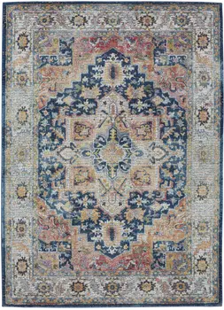 5' X 8' Ivory Blue and Orange Floral Medallion Distressed Non Skid Area Rug