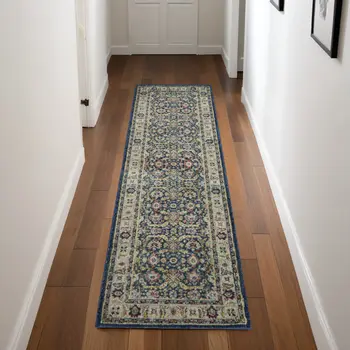 8' Navy Blue and Yellow Floral Distressed Non Skid Runner Rug