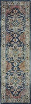 8' Ivory Blue and Orange Floral Distressed Non Skid Runner Rug